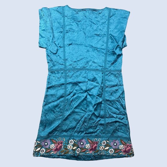 Sundance Boho Blue Teal Floral Embroidered Silky Short Cupro Dress Petite Small - Picture 2 of 7